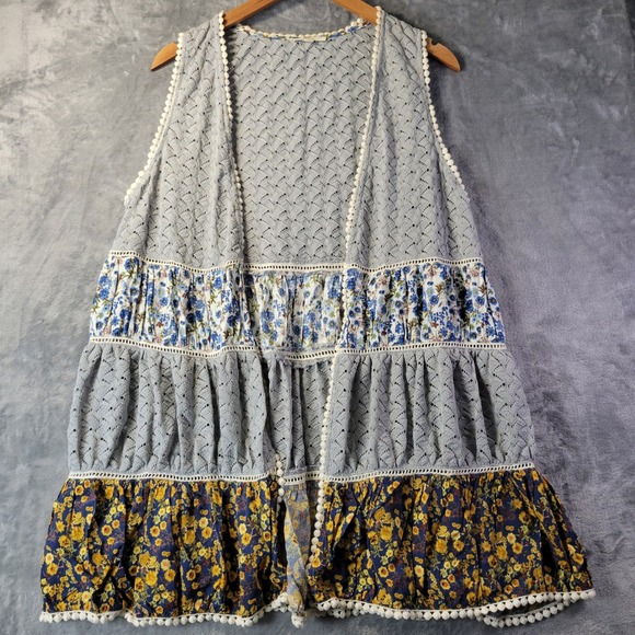 easel Sweaters - Easel Women M Boho Tiered Floral Sleeveless Open Duster Cottagecore Layering